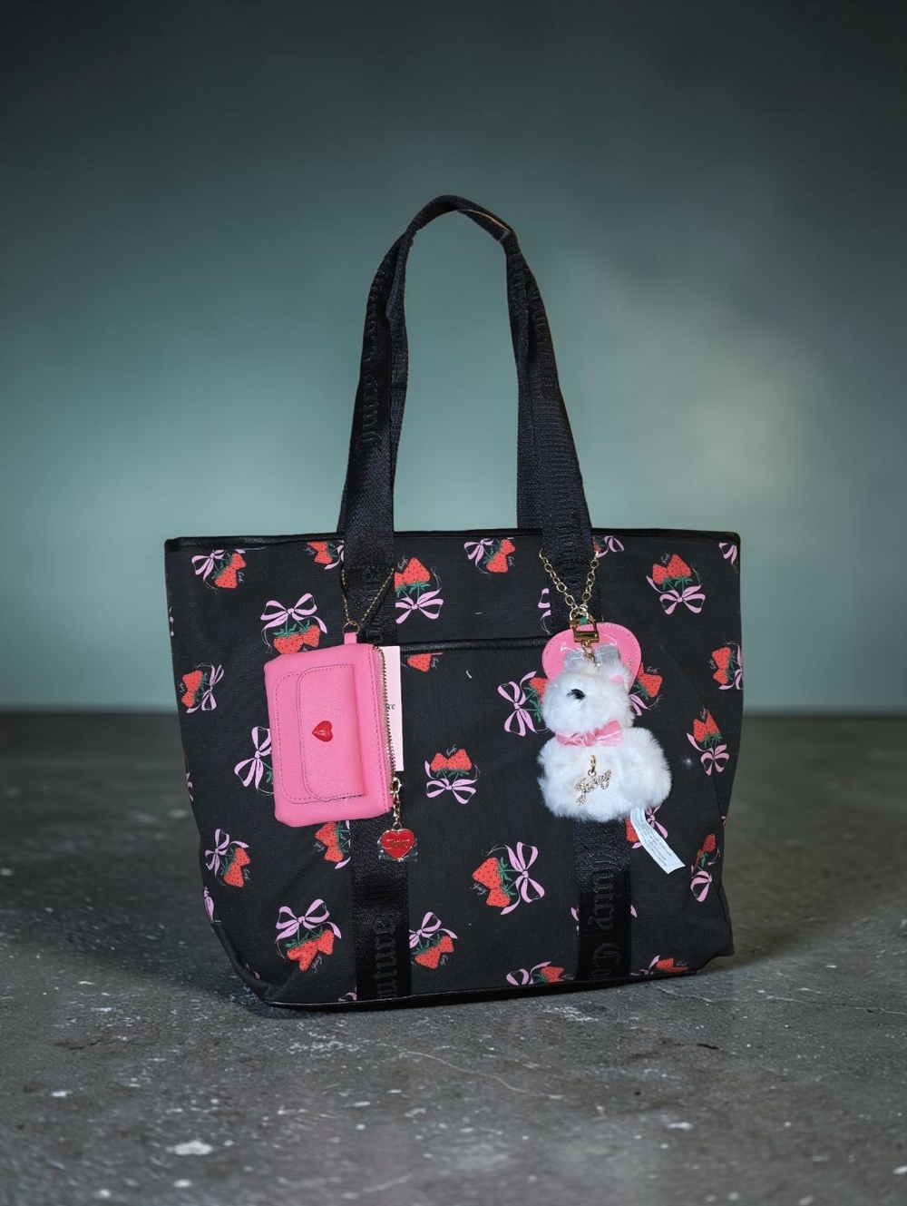 Juicy Couture Black Strawberry Print Tote Bag with Pink Charm